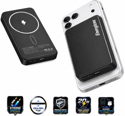  Energizer - 10,000mAh SLIM METAL 20W Magnetic Wireless Qi/Qi2.0/MagSafe PowerBank, Portable Charger, 2 Outputs, LED Display, &amp; USB-C - Black