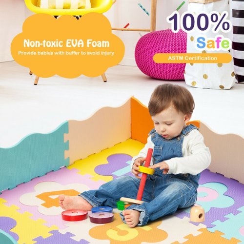 Costway 75 Pieces Baby Foam Interlocking Play Mat w/ Fence w/Detachable Numbers - Multi-Color GLOBAL SHIPPING