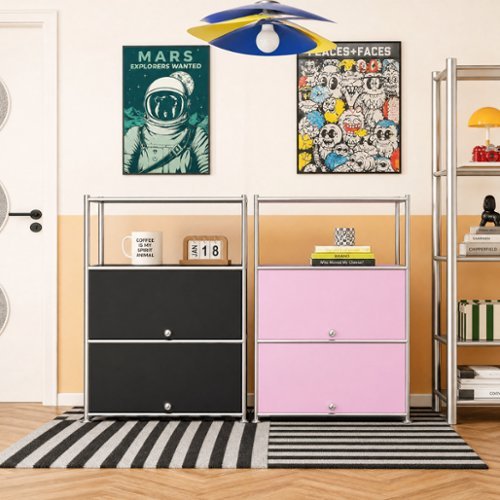 Malletson - Modern 3-Tier Modular Metal Sideboard, Storage Cabinet with 2 Drop-Down Doors for Home Office & Coffee Bar (1‑Pack) - Pink-Front_Standard 