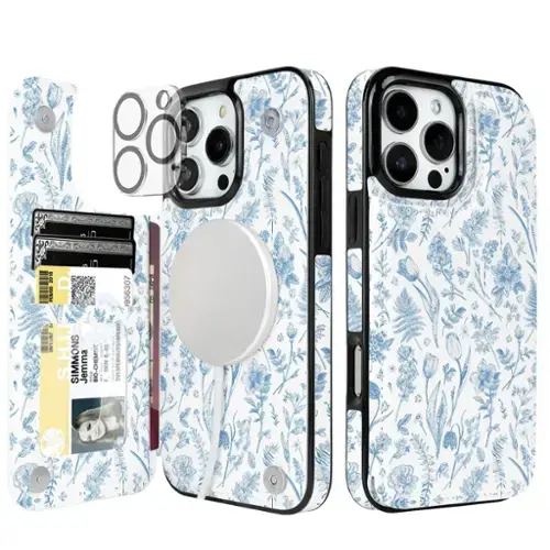 Blue Toile Flowers)-iPhone 16 Pro