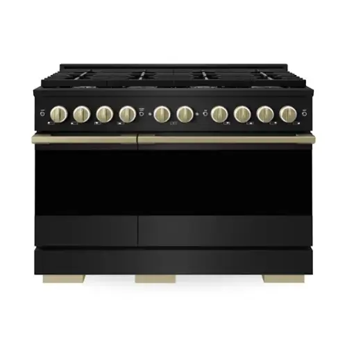 Front. ZLINE - Autograph 48 in. 6.7 cu. ft. Marino Dual Fuel Freestanding Range with 8 Gas Burners in Black Steel with Bronze Accents - Black Stainless Steel.