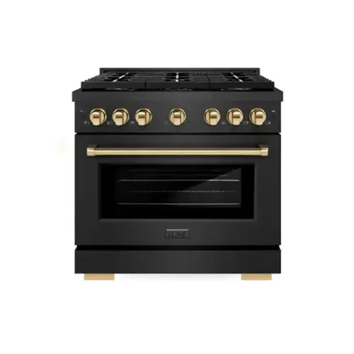 Front. ZLINE - Autograph 36 in. 5.2 cu. ft. Manual Clean Freestanding DuoPro Gas Range in Black Satin Stainless Steel and Gold Accents - Black Satin Stainless Steel.
