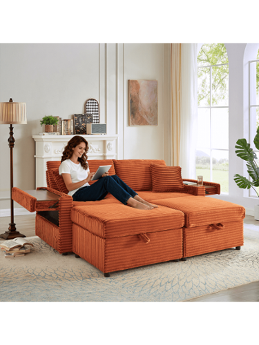 Trinkets Crazed - 68" Oversized Double Chaise Lounge With Hidden Storage Ottomans, Comfy Corduroy Upholstered Indoor Lounge Chair - Orange-Front_Standard 