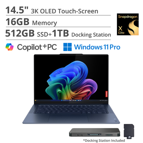 Lenovo - Yoga Slim 7x - Copilot+ PC - 14.5" 3K 90Hz OLED Touch-Screen Laptop - Snapdragon X Elite X1E-78-100 2024 - 16GB - 512GB - Cosmic Blue-Front_Standard 