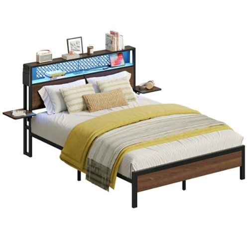 Bestier King Size Bed Frame with Headboard LED Platform Bed Frame with Charging Station - Brown