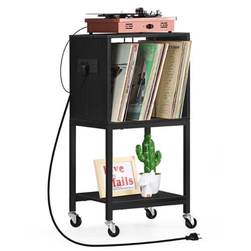 Oumilen - Mobile Turntable Stand with Charging Station & Vinyl Storage - Black-Front_Standard 