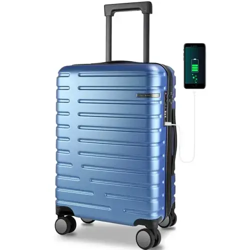 Front. DORLUKFU - Carry On Luggage with Spinner Wheels, Hard Shell Carry-On Expandable Suitcase 21x14x9 Airline Approved & Built-in TSA - LIGHT BLUE.