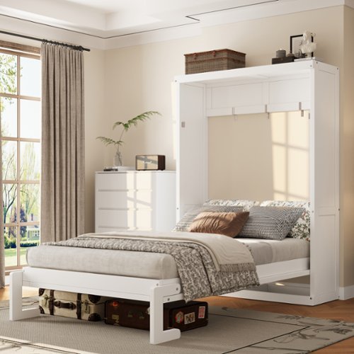 Whisen - Twin Size Murphy Bed with Cabinet, Wood & MDF Foldable Guest Bed, Space-Saving Furniture - White-Front_Standard 