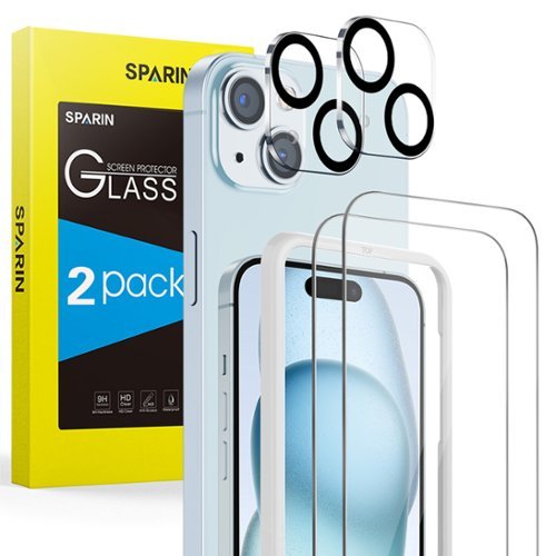 SPARIN - 2 Pack HD Screen Protector for iPhone 15 + 2 Pack Lens Protector, 9H Hardness Tempered Glass with Installation Frame - Clear