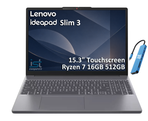  Lenovo - IdeaPad Slim 3 15.3" FHD+ Touchscreen Laptop - AMD Ryzen 7 170 2025 - 16GB Memory - 512GB SSD - Webcam w/Shutter - Arctic Grey