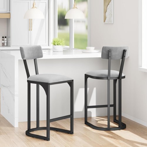 GARVEE - Bar Stools Set of 2, Counter Height Bar Stools, Curved Back with Metal Frame Island Chairs - Gray-Front_Standard 