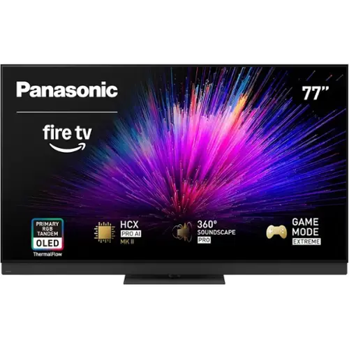 Panasonic  
77"  
fire tv  

PRIMARY RGB TANDEM OLED  
ThermalFlow  
HCX PRO AI MK II  
360° SOUNDSCAPE PRO  
GAME MODE EXTREME