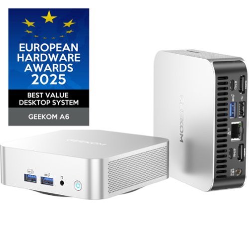 Geekom - A6 Mini PC, AMD Ryzen 7 6800U, 32GB DDR5& 1TB M.2 2280 NVMe Gen4*4 SSD, Windows 11 Pro Pre-installed - Silver+Black-Front_Standard 