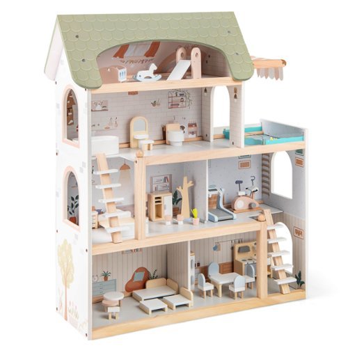 Costway - Kids Wooden Dollhouse 4-Story Modern Doll House with 33Pcs Furniture Accessories - Multicolour-Front_Standard 