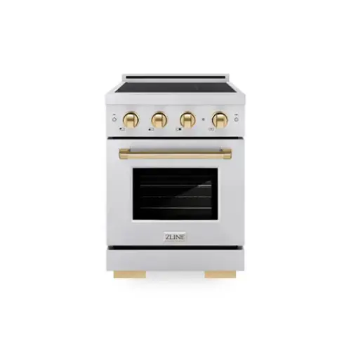 Front. ZLINE - Autograph 24 in. 3.2 cu. ft. Paramount Freestanding Induction Range with 3 Burners and Electric Oven w/ Gold Accents - Stainless Steel.