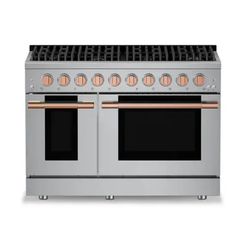 Front. Hauslane - HausPro 48 in. 8 Burners Gas Range in Rose Gold with 20,000 BTU and Double Oven with 5 Rack Positions - Rose Gold.