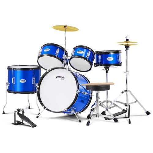 VEVOR - Kids Drum Set, 5-Piece, 16 in Beginner Full Drum Set with Bass Toms Snare Floor Drum Adjustable Throne Cymbal - Blue-Front_Standard 