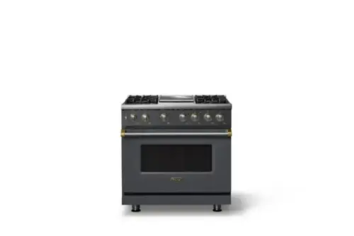 Front. Viking - 36 in. Wide 4 Burner Pro 5 Series 5.6 Cu. Ft. Freestanding Sealed DF Convection Range/Griddle with Brushed Brass Trim - Cast Black.