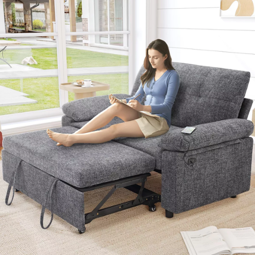 Dyonery - 3 in 1 Convertible Sleeper Sofa Bed, Pull Out Couch Bed with USB Ports, Reclining Backrest, Side Pockets - Gray-Front_Standard 