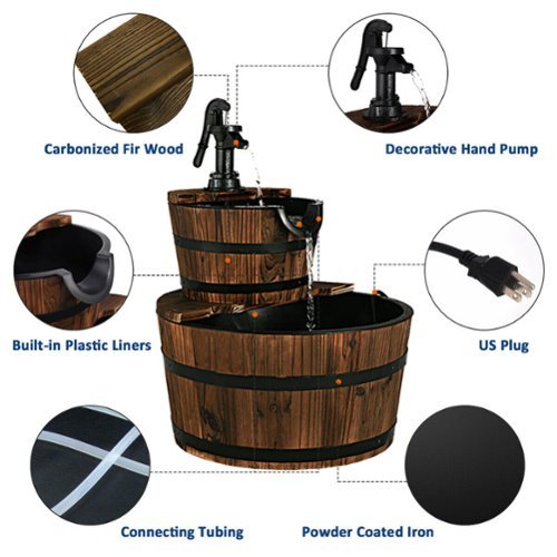 Costway 2 Tier Barrel Waterfall Fountain Barrel Wooden Water Fountain Pump Outdoor Garde - Brown BUY IN MIDDLE EAST