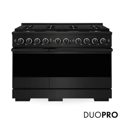 Front. ZLINE - 48 in. 6.7 cu. ft. Double Oven Marino Freestanding Gas Range with 8 DuoPro Burners and Dual Ovens - Black Stainless Steel.