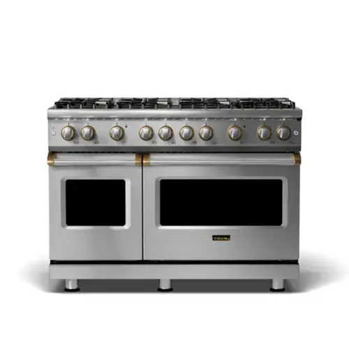 Front. Viking - 5-Series Dual Fuel Self-Clean 48"W Sealed Burner Range - Stainless with Brushed Brass Accents.