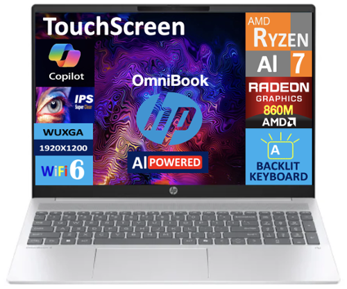 HP - OmniBook 5 16-ag1075cl Laptop, Ryzen AI 7 350, 32GB, 1TB SSD, 16.0 (1920x1200), 860M, W 11 Pro - Glacier Silver-Front_Standard 