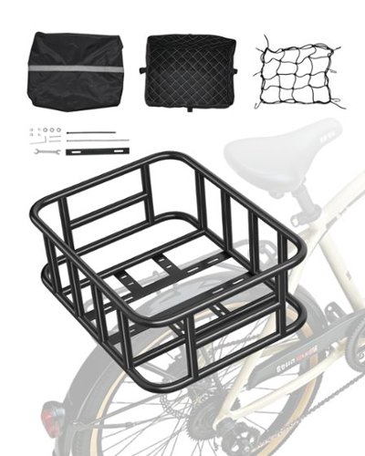 VEVOR - Rear Bike Basket, Medium Bicycle Basket with Cargo Net, Liner & Waterproof Cover, Heavy Duty Bike Back Basket - Black-Front_Standard 