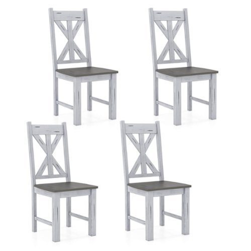 Costway - Wooden Dining Chair Set of 4 with Rubber Wood Frame Elegant Hollowed Backrest - White, Gray-Front_Standard 