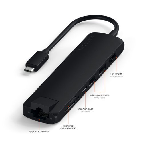 Satechi Slim Multiport USB-C Hub - Ethernet, 4K HDMI, 60W USB-C PD Charging, 2 USB-A, SD/Micro Card Readers for Mac & Windows - Matte Black WORLDWIDE DELIVERY