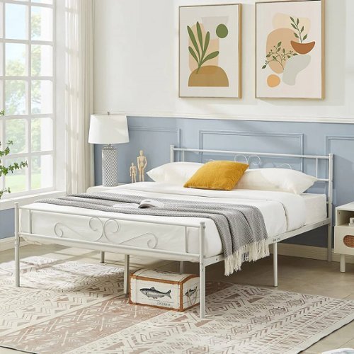Hivvago - Queen Metal Platform Bed Frame with Headboard and Footboard - White-Front_Standard 