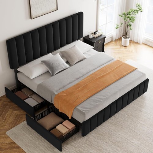 Jojoka - King Size Platform Bed Frame with 4 Storage Drawers, Adjustable Headboard, Wood Slats, No Box Spring, Black - Black-Front_Standard 
