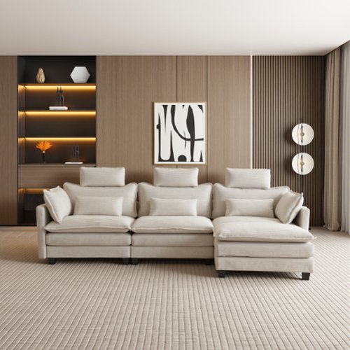 Homsee - Corduroy L-Shaped Sectional Sofa, 4-Seater Living Room Couch with High Backrest, Pocket Springs & Plush Pillows - White-Front_Standard 