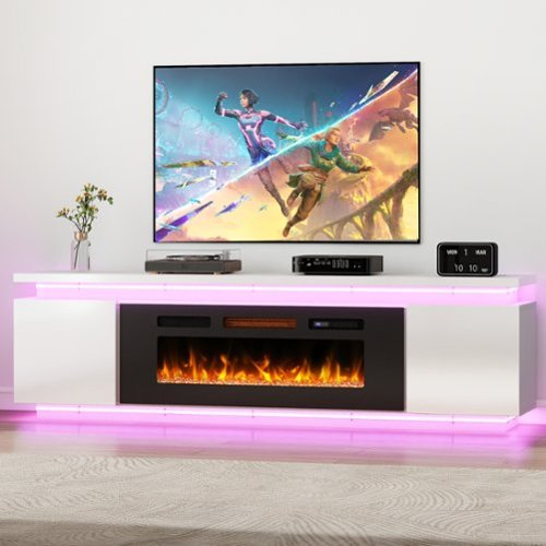 Skyzoo - Electric Fireplace TV Stand for TVs up to 80" with LED Lights & 4 AC Power Outlets, TV console for Living Room - White-Front_Standard 