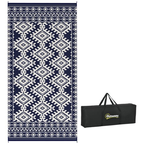 Outsunny - Outdoor Rug for Patio, 9' x 18' Waterproof Large Mat, Reversible Plastic Straw Rug for Décor - Blue and White Rhombus Border-Front_Standard 