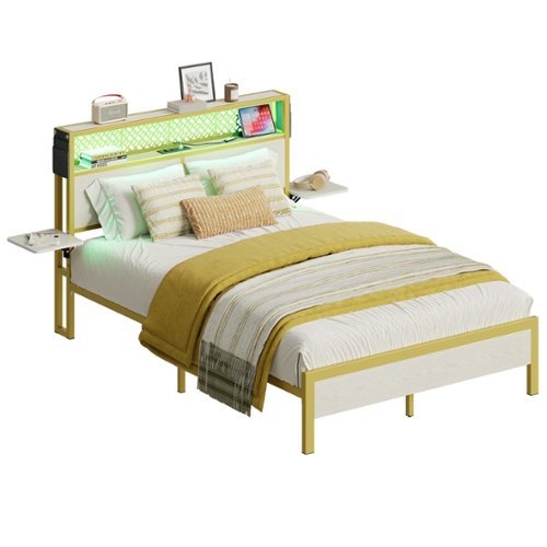 Bestier Full Bed Frame with Headboard Foldable Shelves LED Lighting Charging Station Non-Slip Metal - White