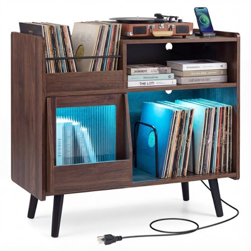 Gymax - Record Player Stand w/LED Light Power Outlets Sliding Door Vinyl Storage Holder - Brown-Front_Standard 