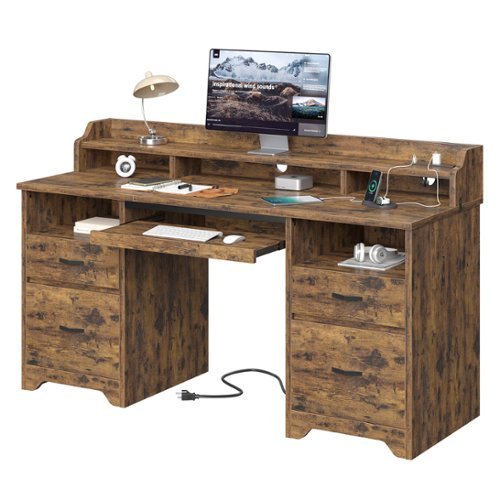 Bestier - 59" Computer Desk with Charging Station, Lockable Drawers & Monitor Stand, Sturdy Office Desk for Work & Study - Rustic Brown-Front_Standard 