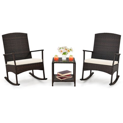 Costway - 3 Piece Patio Rocking Set Wicker Rocking Chairs with 2-Tier Coffee Table - Off White-Front_Standard 
