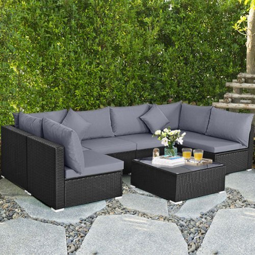 Costway 7 PCS Patio Rattan Sofa Set Sectional Conversation Furniture Set Garden Outdoor - Gray +Black