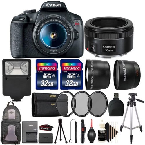 Canon - EOS Rebel T7 DSLR Camera Kit 18-55mm 50mm Lens Flash Tripod Bundle - Black-Front_Standard 