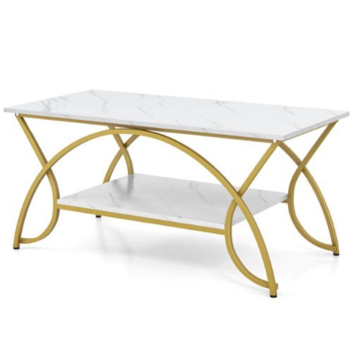 Costway - Coffee Table Modern Marble 2-Tier Coffee Table Gold Rectangle for Living Room - White and Gold-Front_Standard 