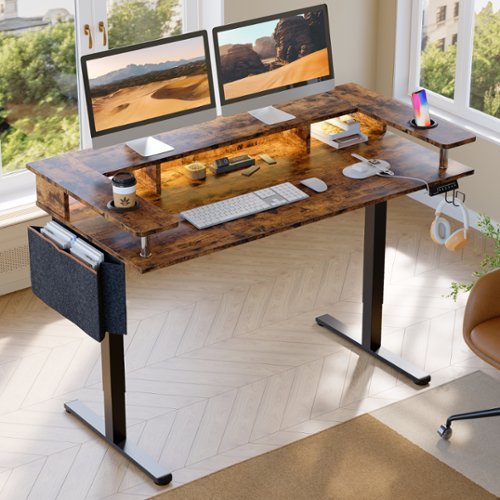 Bestier Gaming Adjustable Standing Desk with Storage and Monitor Stand - 58" wide - Brown