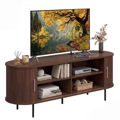 Costway - Fluted TV Stand for TVs up to 60", Mid Century Curved Entertainment Center - Walnut-Front_Standard 