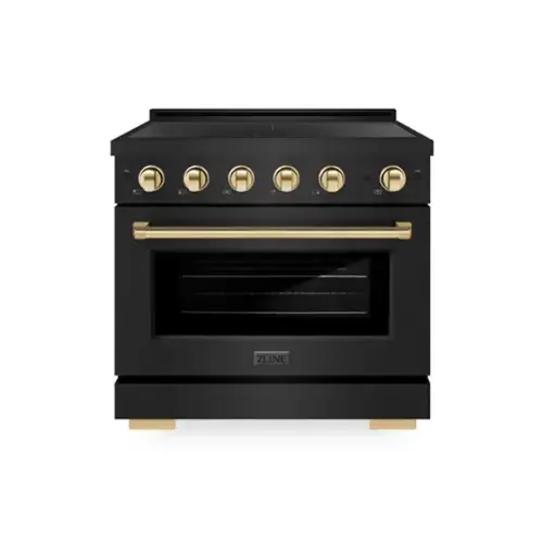 Front. ZLINE - Autograph 36 in. 5.2 cu. ft. Paramount Freestanding Induction Range with 5 Burners in Black Steel with Gold Accents - Black Stainless Steel.