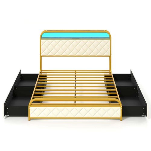 Costway - Full Size Bed Frame with LED Lights & Charging Station Storage Headboard & Drawers - Golden + White-Front_Standard 