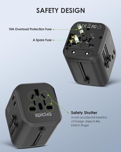 Epicka Dual AC Outlet 35W Universal Travel Adapter with 2 USB-C PD Fast Charging & 3 USB-A (TA-205, Black) - Black WHERE TO BUY