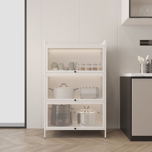 LOVMOR - Metal Pantry Storage Cabinet with Freestanding Cupboard and Retractable Doors - White-Front_Standard 