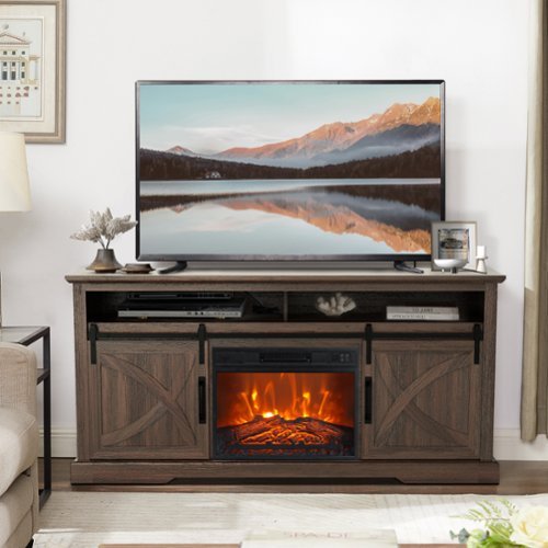 Ihomeadore - 68" TV Stand with Electric Fireplace Media Console for TVs up to 78" - Brown-Front_Standard 