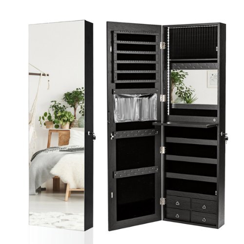 Costway Mirror Jewelry Cabinet 96 LED Lights Wall Door Mounted Armoire w/ Makeup Rack - Black